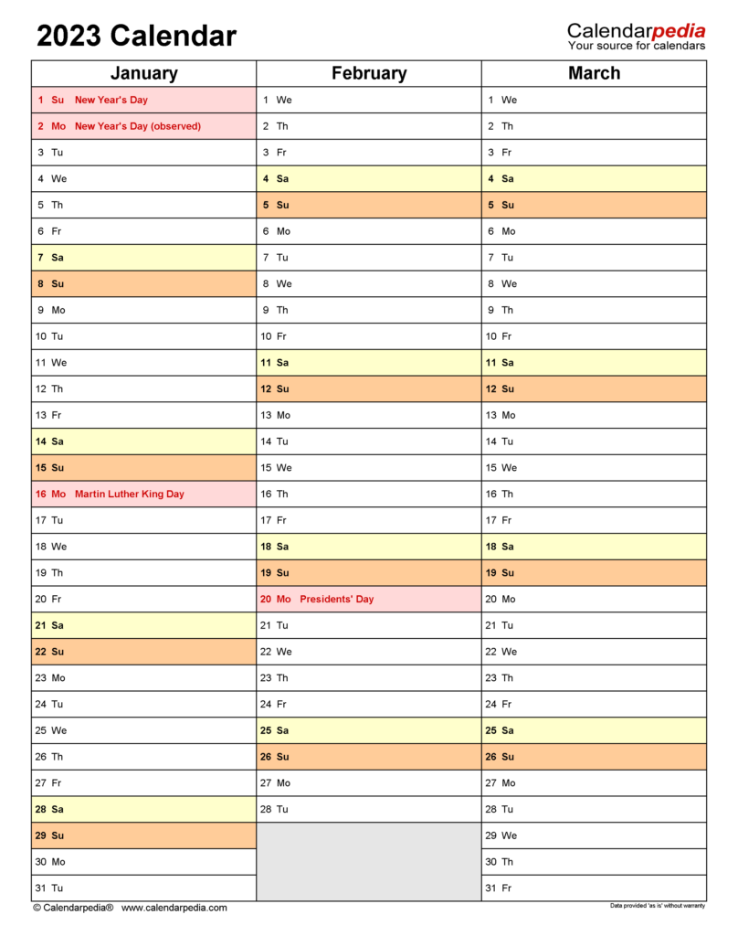 2023 Calendar Free Printable Word Templates Calendarpedia