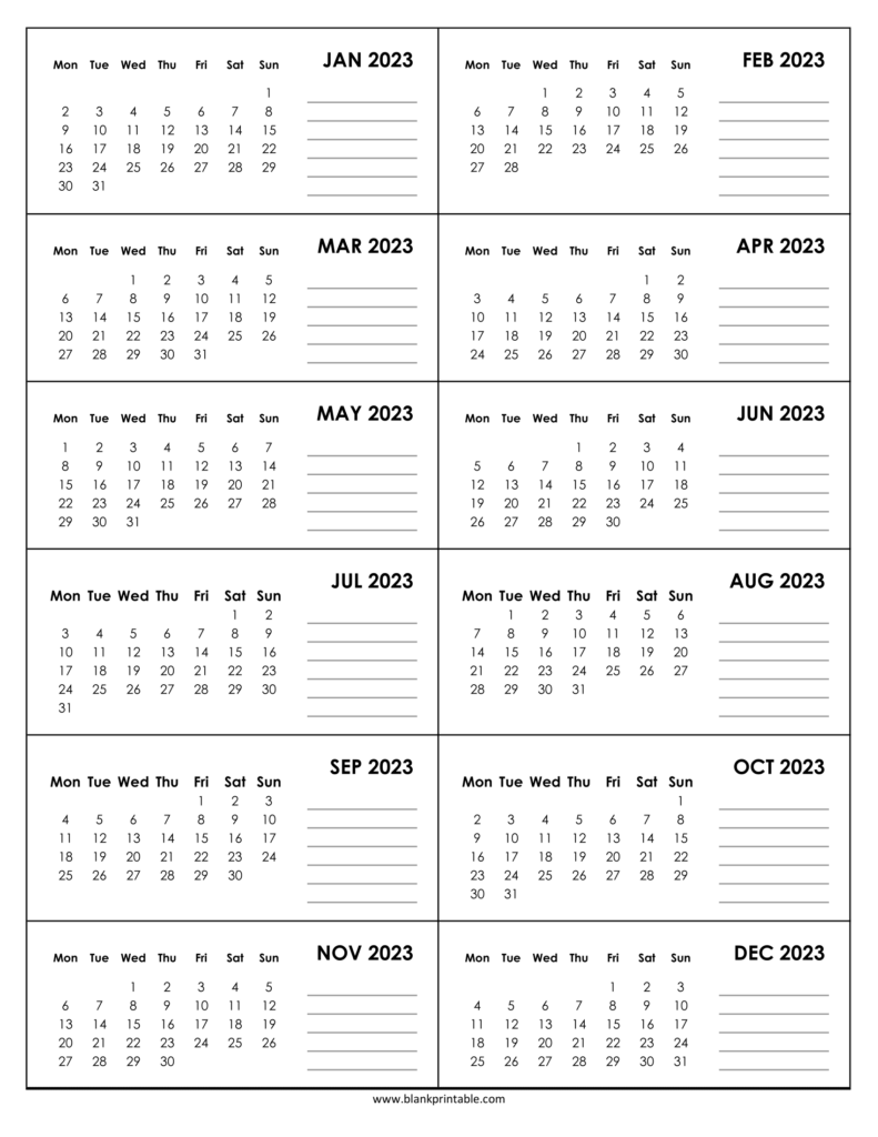 2023 Yearly Calendar Printable One Page With Notes Section And US Flag