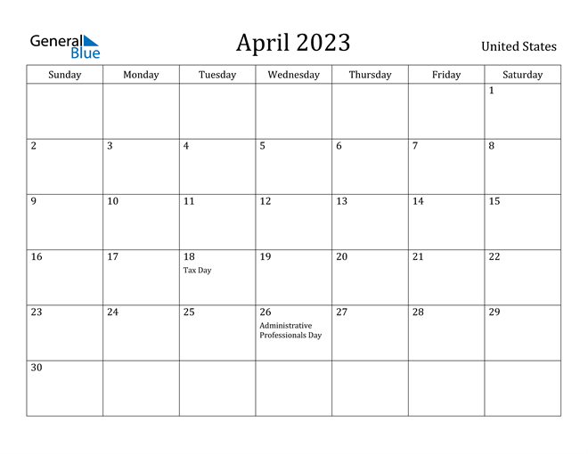 April 2023 Calendar With United States Holidays