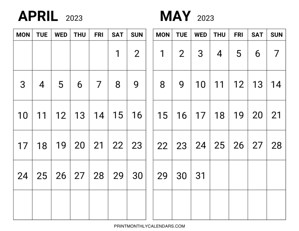 April May 2023 Calendar Template Free Two Month Printable