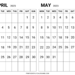 April May 2023 Calendar Template Free Two Month Printable