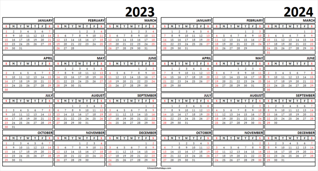 Blank 2023 2024 Free Printable Calendars Two Year Calendar 2023 24 