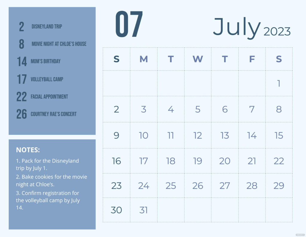 Blue July 2023 Calendar Template EPS Google Docs Google Sheets 