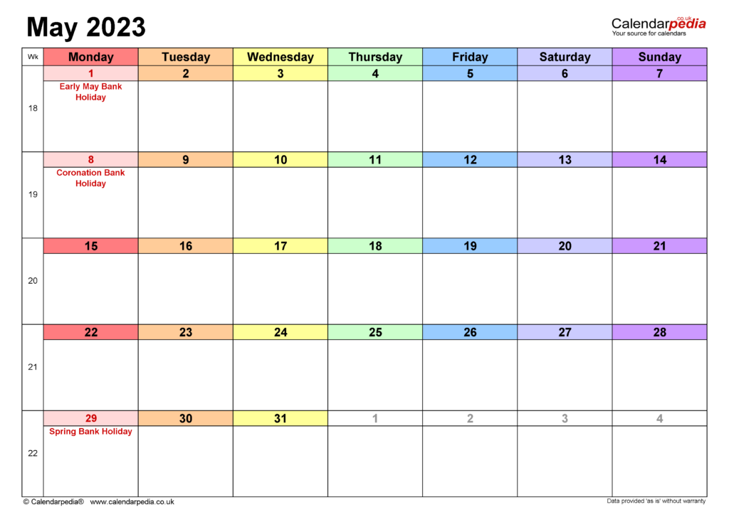 Calendar May 2023 UK With Excel Word And PDF Templates