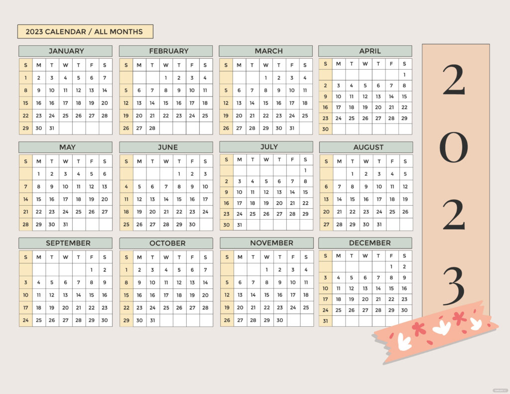 Cute Year 2023 Calendar Template Google Docs Illustrator Word PSD 