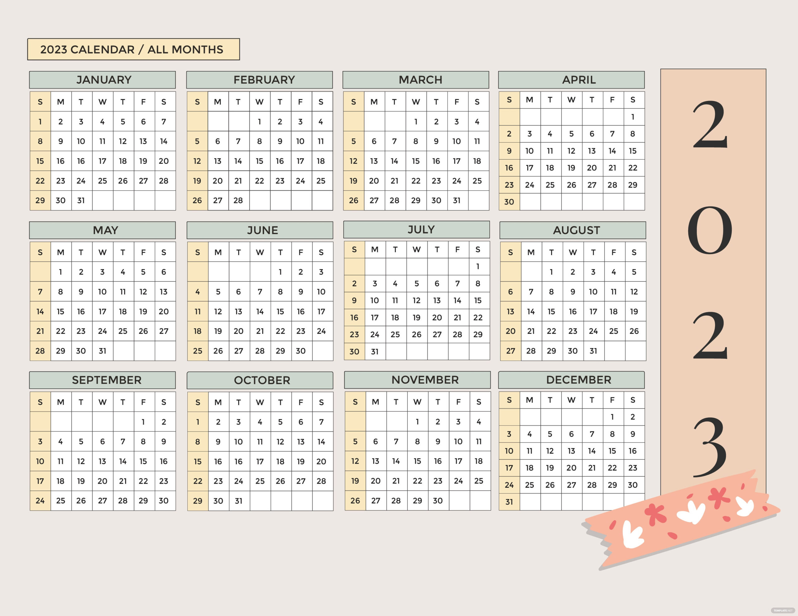 Cute Year 2023 Calendar Template Google Docs Illustrator Word PSD