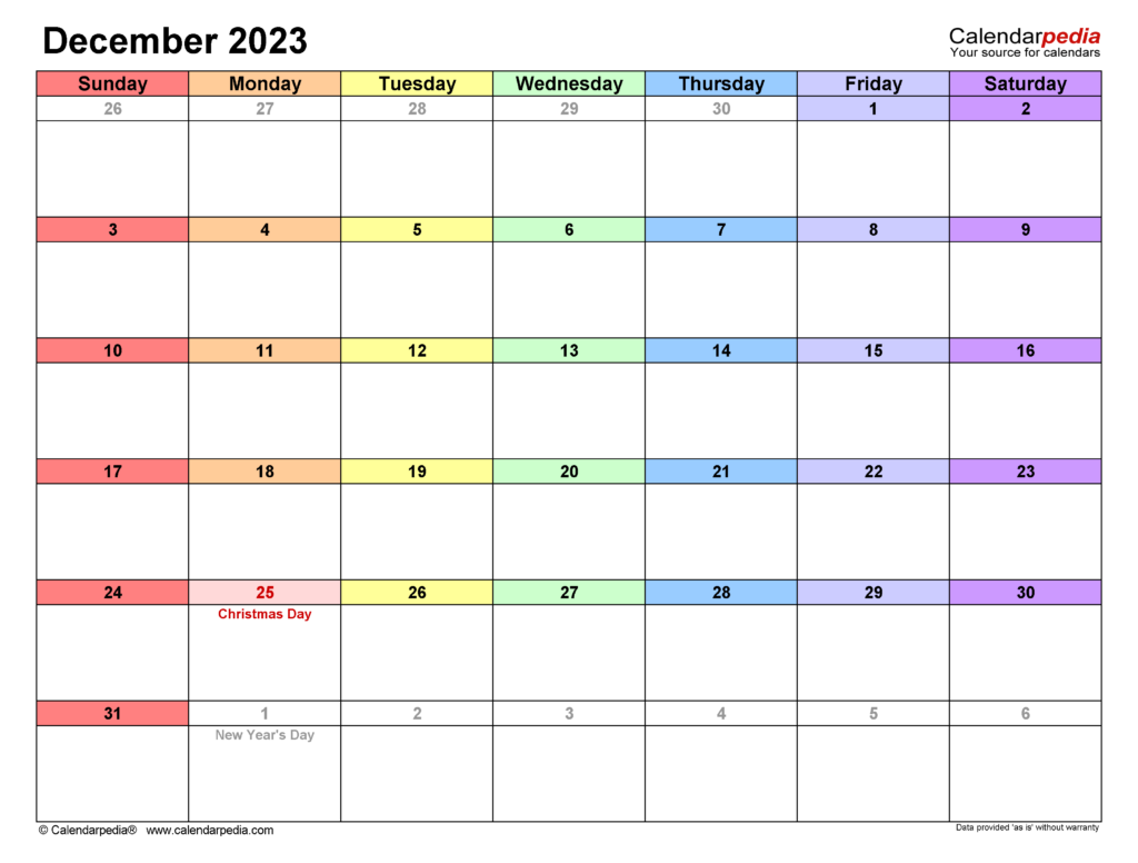 December 2023 Calendar Templates For Word Excel And PDF