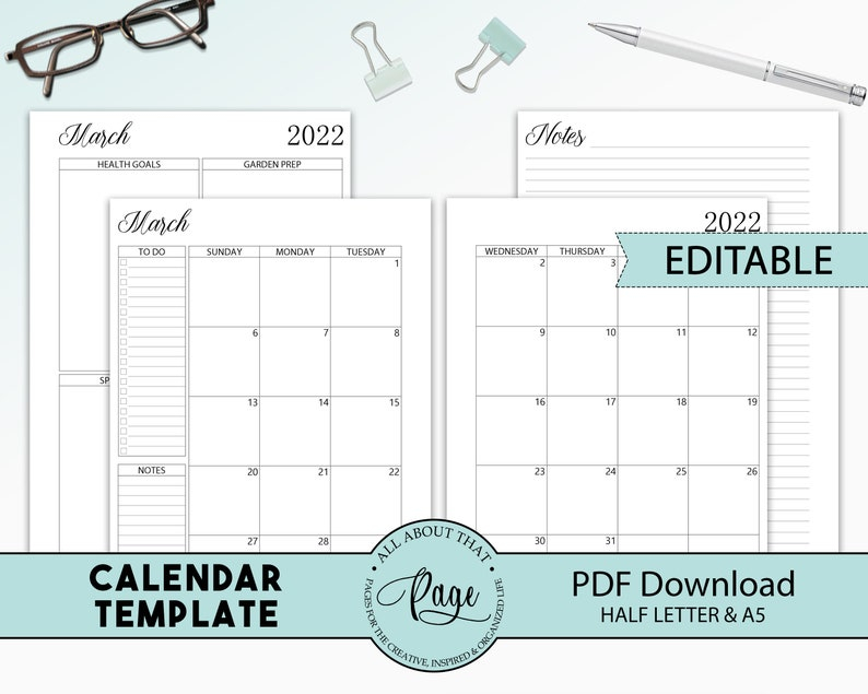 EDITABLE Calendar Template 2023 2024 Printable Blank Etsy
