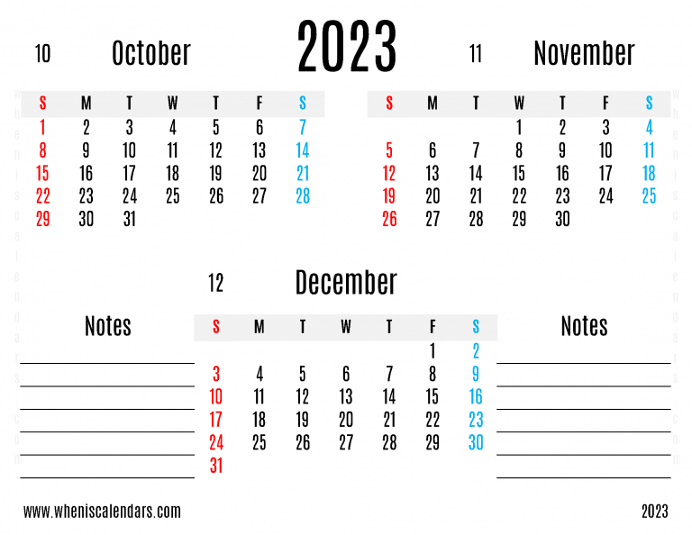 Free October November December 2023 Calendar Printable Quarterly Calendar