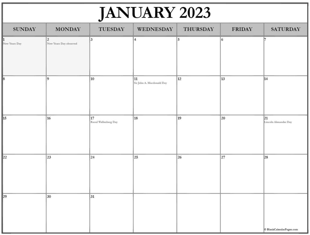 January 2023 With Holidays Calendar