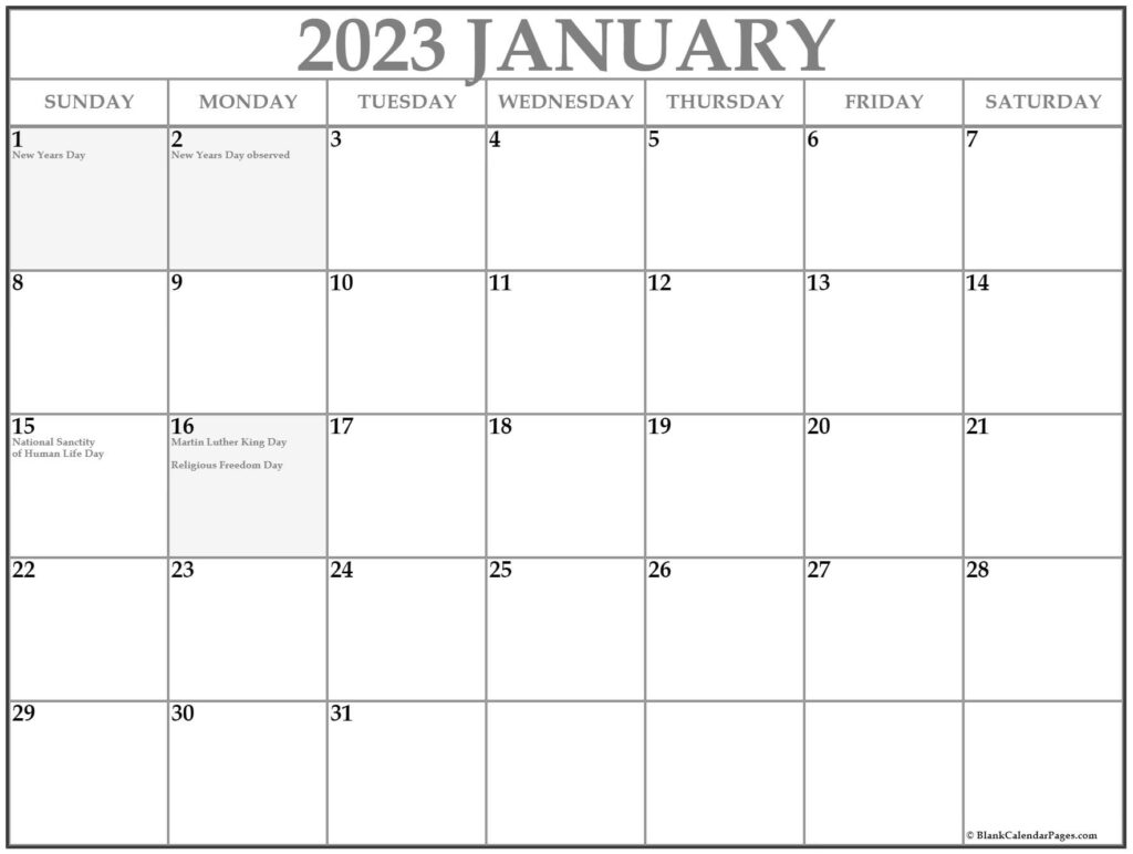 January 2023 With Holidays Calendar