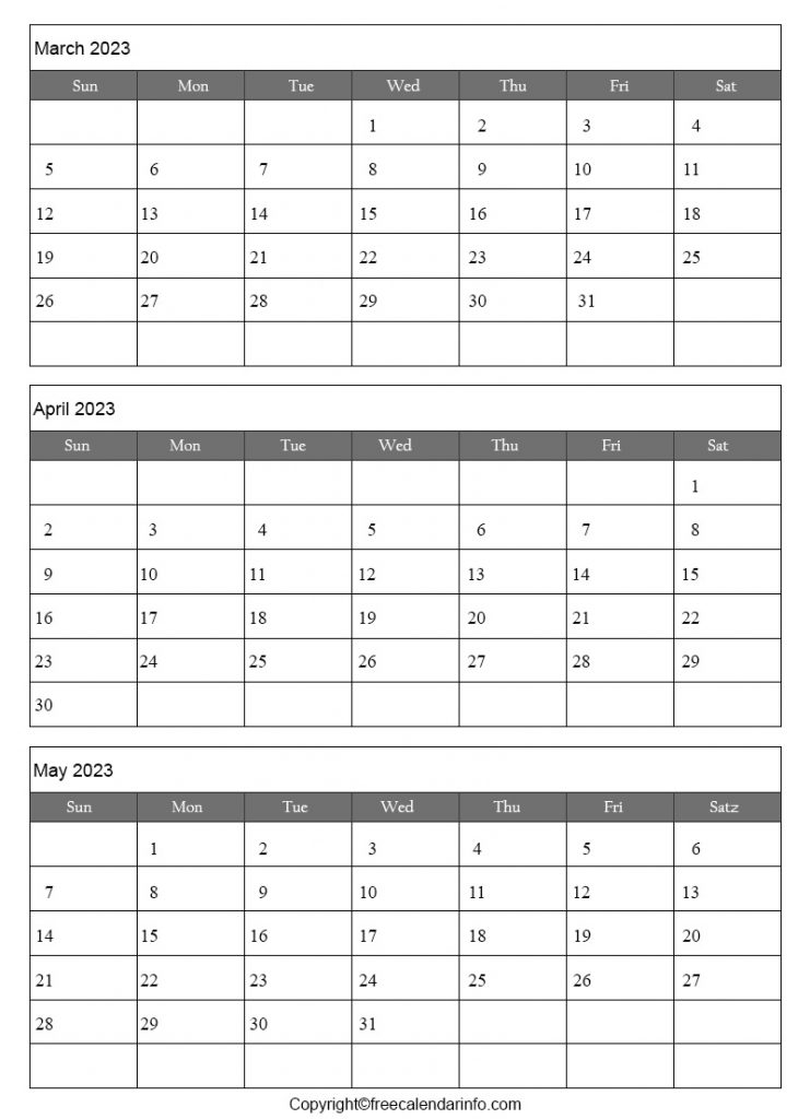 March April May Calendar 2023 Printable Template PDF