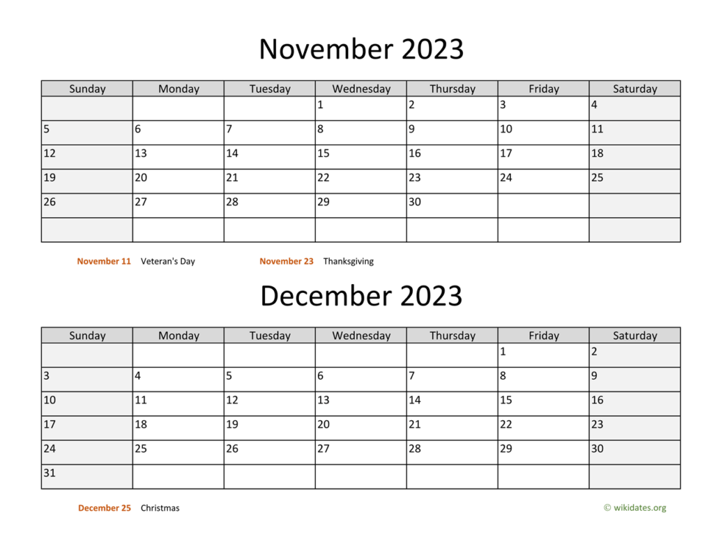 November And December 2023 Calendar WikiDates