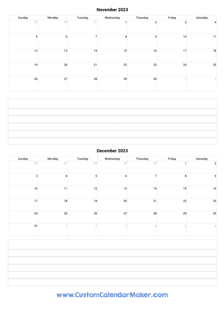 November To December 2023 Calendar Template With Notes