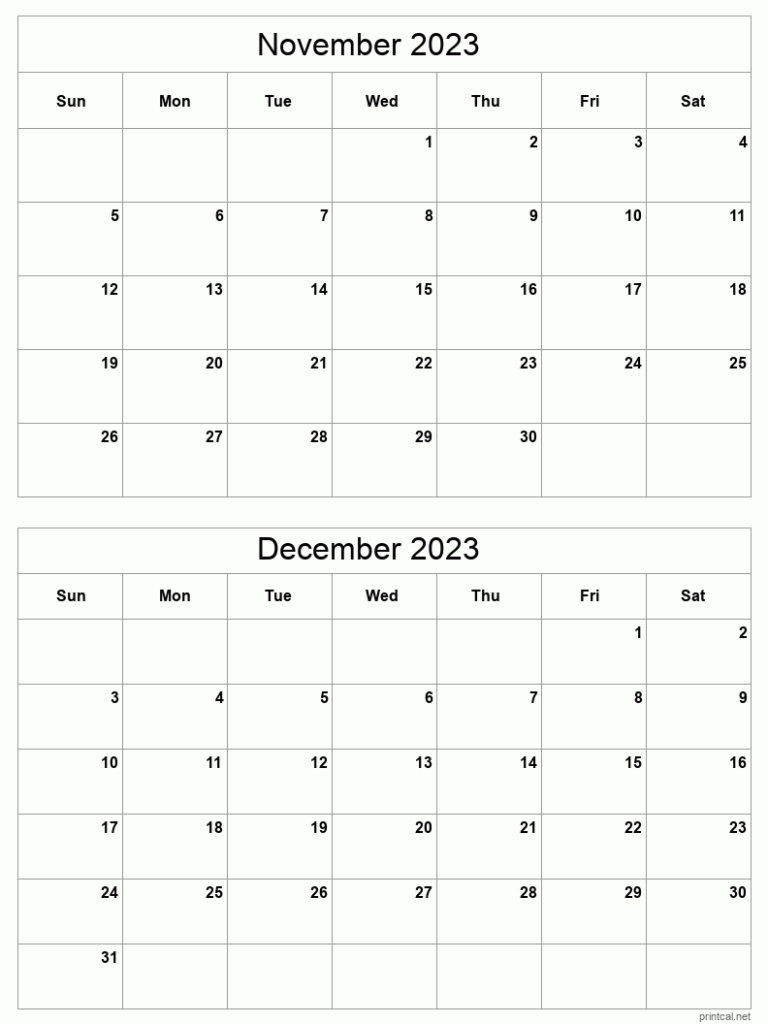 November To December 2023 Printable Calendar Two Months Per Page 
