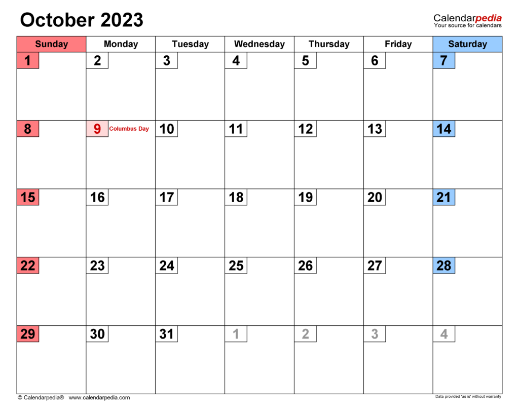 October 2023 Calendar Templates For Word Excel And PDF