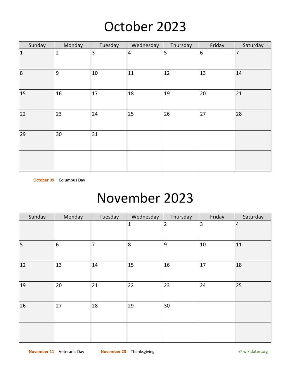 October And November 2023 Calendar WikiDates