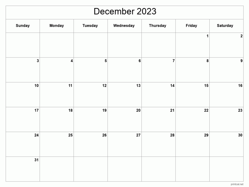 Printable December 2023 Calendar Classic Blank Sheet