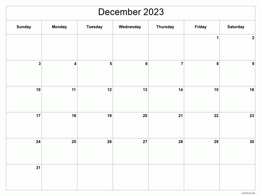 Printable December 2023 Calendar Classic Blank Sheet